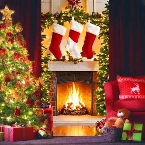 Christmas Fireplace Door Cover Banner with Stockings & Sign - Photo Booth Prop Background for Holidays Indoor/Outdoor