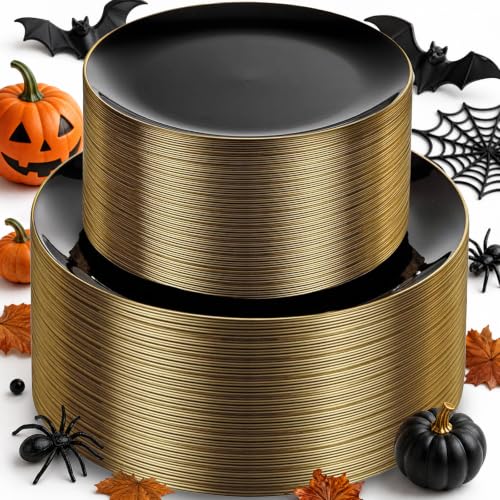 Black and Gold Disposable Plates Set - 100 Pcs, Includes 10.25-inch Dinner & 7.5-inch Dessert Plates, Party & Wedding Tableware, Variation of Black and Gold / 100 PCS