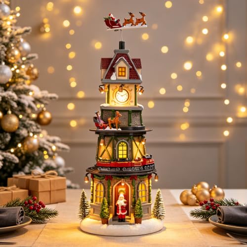 MUMTOP Animated Christmas Village Sets with Lighted Bell Tower & Clock Tower Variant