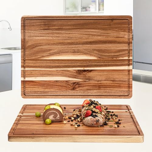 Acacia Wood Cutting Board 24x18 Inch - Large Food-Grade Butcher Block with Juice Groove & Handles