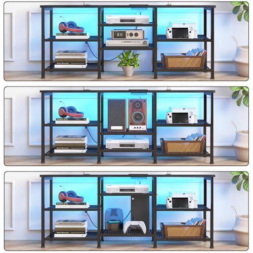 YGEOMER Black Entertainment Center for 50in TVs with LED Lights & Charging Station