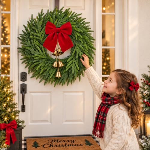 ICX 22-Inch Norfolk Pine Wreath with Bow & Bells - Realistic Holiday Decor