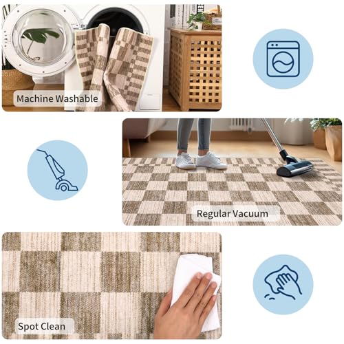 GarveeHome Brown Checkered 5x7 Area Rug - Machine Washable Non-Slip Living Room Carpet