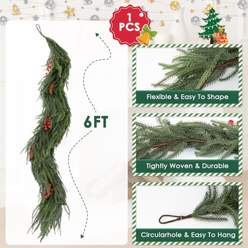 Bribay 6FT Norfolk Pine Artificial Christmas Garland Winter Decor - Layered with Berries