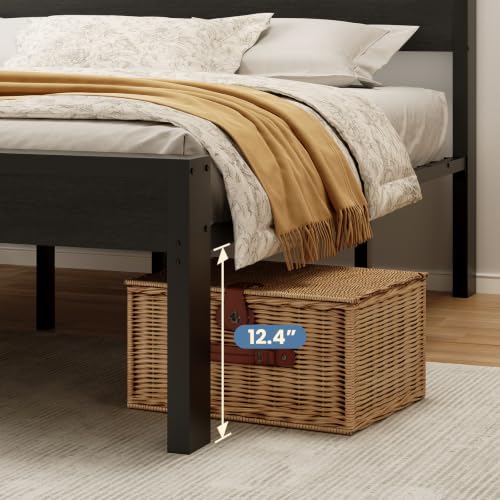 Queen Metal Bed Frame with Wooden Headboard - Black Platform Bed, Heavy Duty Support