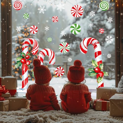 Extra Large Christmas Window Clings 13.8 x 35.4 in - 3 Sheets Red Green Candy Cane Holly Decor