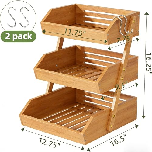 3-Tier Fruit & Vegetable Basket Organizer - Natural Bamboo Kitchen Storage with Removable Banana Hooks