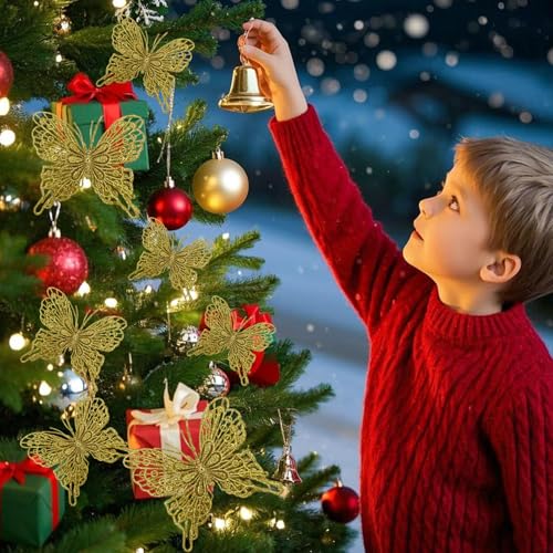 Gold Glitter Butterfly Decorations for Christmas Tree & Holiday Wreaths - 12 Pack, 5 Inch 3D Hollow Ornaments with Clips & Stems