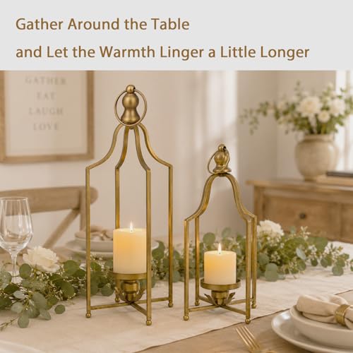 12.5 & 16.5 Inch Antique Gold Decorative Lanterns Set of 2 - Farmhouse Candle Holders