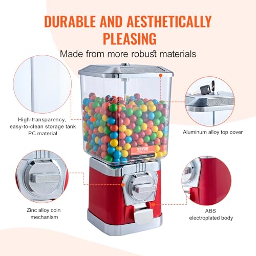Red Gumball Machine for Kids - 17 Inch Candy Vending Dispenser with Coin Operation - Bouncy Balls & Capsule Toys