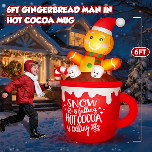 6FT Christmas Inflatable Gingerbread Man in Hot Cocoa Mug with LED Lights Outdoor Decor