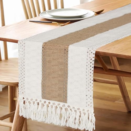 FEXIA Boho Rustic Table Runner 12x90 Inches Brown with Tassels for Fall Home Decor