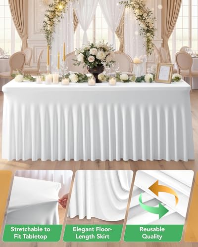 KeyWave 8 ft White Spandex Table Cover Skirt 4 Pack - Floor-Length Ruffle, Rectangle