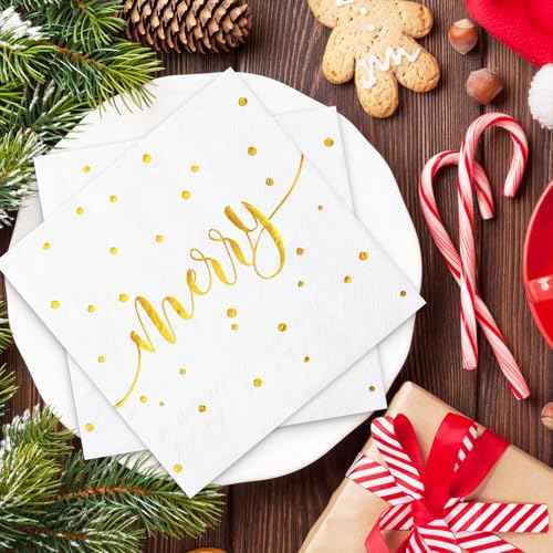 50Pcs Merry Christmas Cocktail Napkin Gold Foil Polka Dots Disposable Paper Napkin Xmas Winter Beverage Napkin for Party Table Decor
