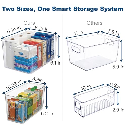 MOONEDGE 8 Pack Clear Plastic Storage Bins - 11x8x6in Large & Narrow Modular Organizer System