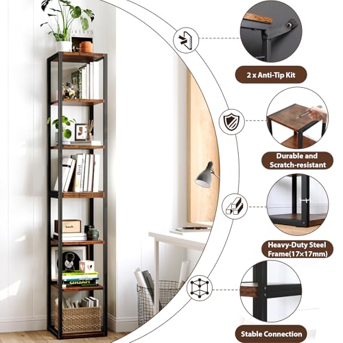 DreamDashio 6-Tier Corner Shelf Tall Narrow Bookcase for Small Spaces