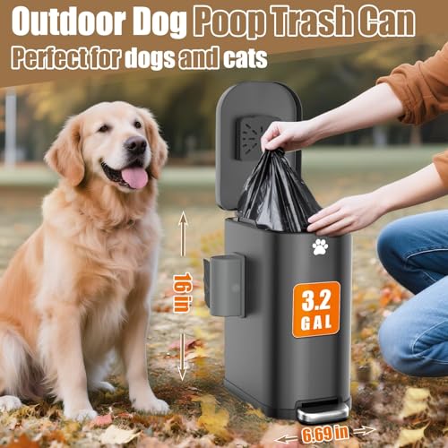 Matte Black Outdoor Dog Poop Trash Can with Odor Control, 3.2 Gal Stainless Steel, Step Pedal & Carbon Filters