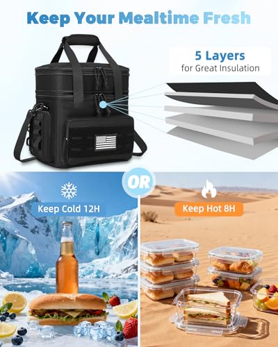 Holuxer Large Tactical Lunch Bag & Box for Men - Black, Insulated & Leakproof