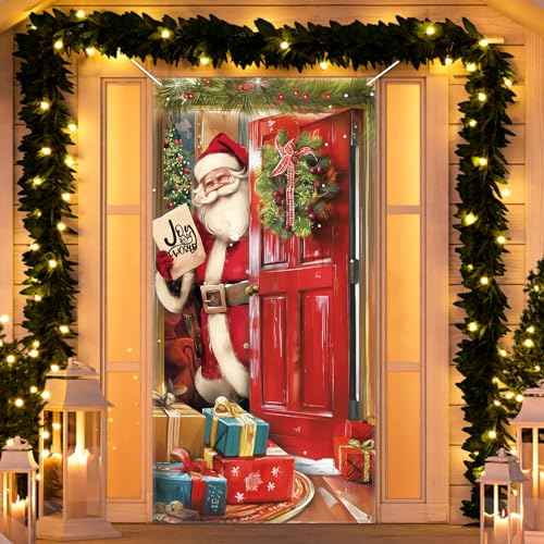 CCINEE Christmas Door Cover Decoration - Xmas Santa Claus Window Door Cover Hanging Banner Background for Front Door Christmas Party Supply