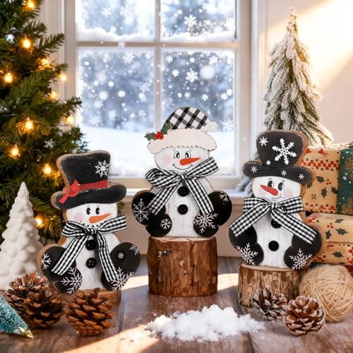 Sealmic 3 Pcs Christmas Wooden Snowman Centerpieces - Large Black & White Rustic Holiday Decor