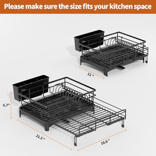 Expandable Dish Drying Rack with Utensil Holder - Large Capacity Kitchen Organizer - Black