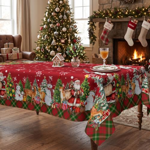 JNDJE Christmas Santa & Snowman Water Resistant Tablecloth 60x140 Inch, Farmhouse Holiday Decor