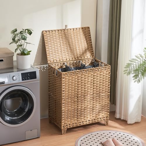 Laundry Hamper with Lid, 190L Large Basket 3 Section 6 Removable