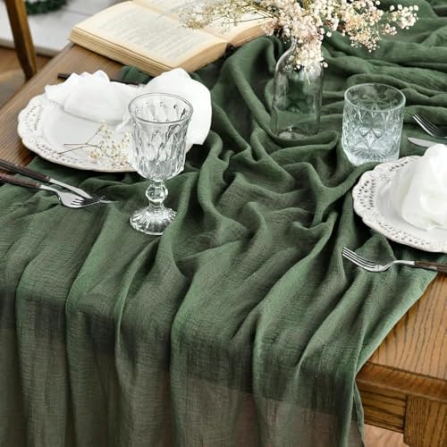 Artoid Mode 120 Inch 3-Piece Boho Forest Green Gauze Table Runners for Wedding & Holiday Decor