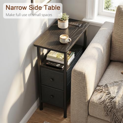 LOAKEKEL Narrow End Table with Charging Station - Small Nightstand, Black, 23.22"H with 2 Drawers & Power Ports
