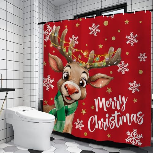 Reindeer Christmas Decor Merry Shower Curtain Snowflake Red Sets with