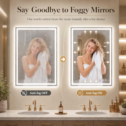 Homsion 36x30-inch LED Bathroom Mirror with 3 Light Modes, Dimmable & Defogging