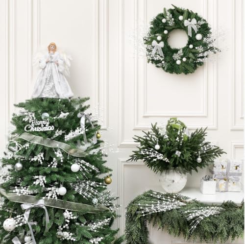 N&T NIETING White Glitter Berry Stem Christmas Decorations 20 Pack – Artificial Tree Picks for Holiday Decor