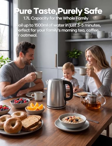 Yoochu 1.7L Stainless Steel Electric Kettle 1500W Fast Boil Auto Shut-Off BPA-Free