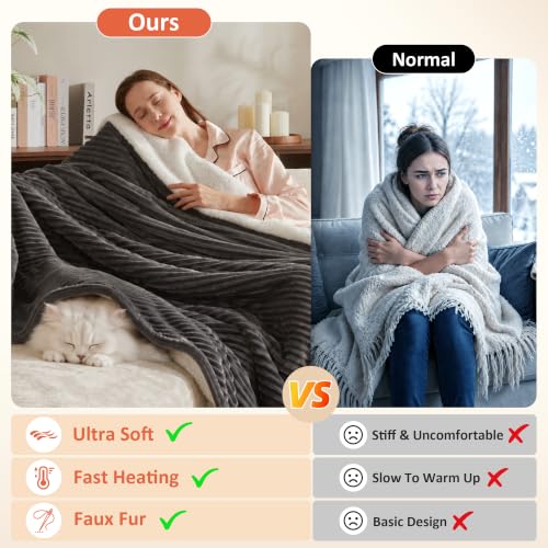 BEARKISS Grey 50x60 Electric Heated Throw Blanket Flannel & Sherpa