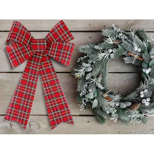 Aneco 2 Pack Red Christmas Bows and Wreaths - Plastic Bows for Christmas Tree, Garland and Outdoor Decoration (Black with Red, 12 x 18 inches)
