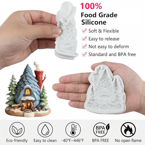 YANQINMS 3D Christmas Cottage Fondant Mold Snowy Pine Tree Silicone Mold - Style L