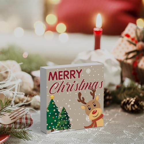 Reindeer Merry Christmas Sign Christmas Decorations for Home Office Desk Table Shelf 5 x 5 inch