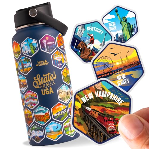 50 States Water Bottle with Sticker Design - 32oz Insulated Stainless Steel with Straw