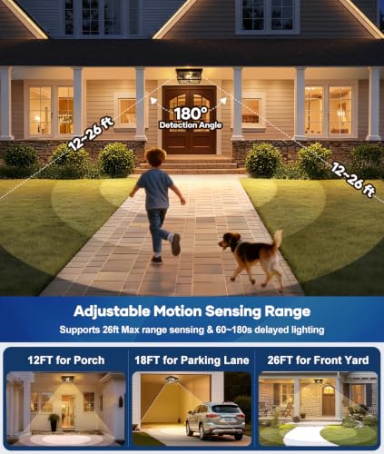 Black 12.2 Inch Motion Sensor Outdoor Ceiling Light with Remote - Porch, Garage, Patio