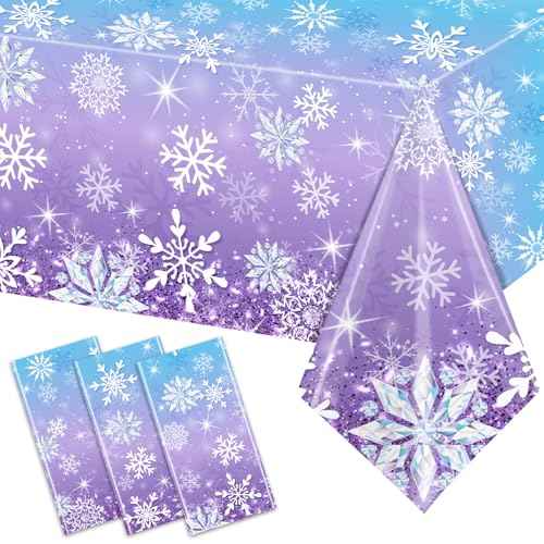 GREHUMOR Winter Snowflake Plastic Tablecloth Decorations 3 Pack Blue and Purple Snowflake Winter Wonderland Disposable Table Cover for Christmas Birthday Party Decorations, 54x108 Inch
