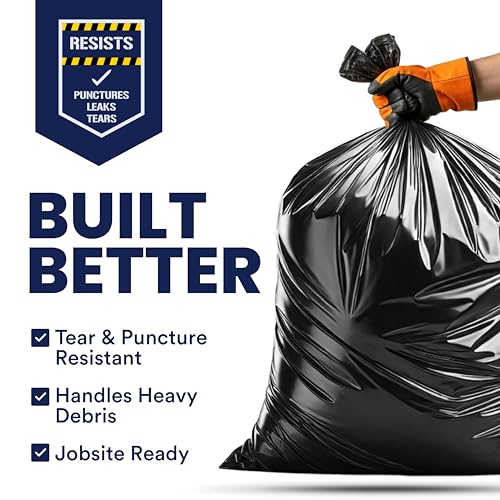 Heavy Duty Contractor Trash Bags 40-45 Gallon 3.0 Mil Black 50 Count - Puncture & Tear Resistant