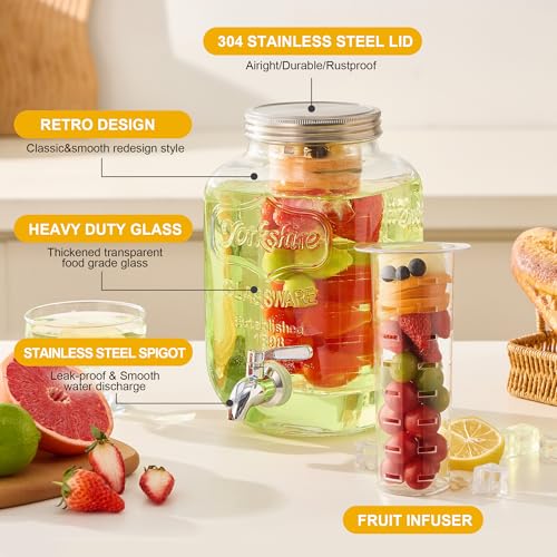Double Gallon Glass Beverage Dispenser Set with Stand & Fruit Infuser - Stainless Steel Spigot