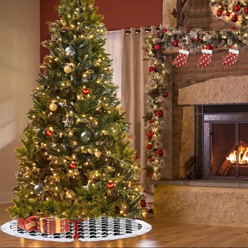 GHYGTY Xmas Tree Skirt 30" Black & White Houndstooth with Tassel Edge, Fits 30" Tree - Style 1
