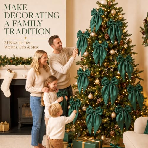 Thiccywoov 24 Dark Green Christmas Bows 15 x 6.3 in - Pre-Tied Satin, Festive Décor (Dark Green / 24)