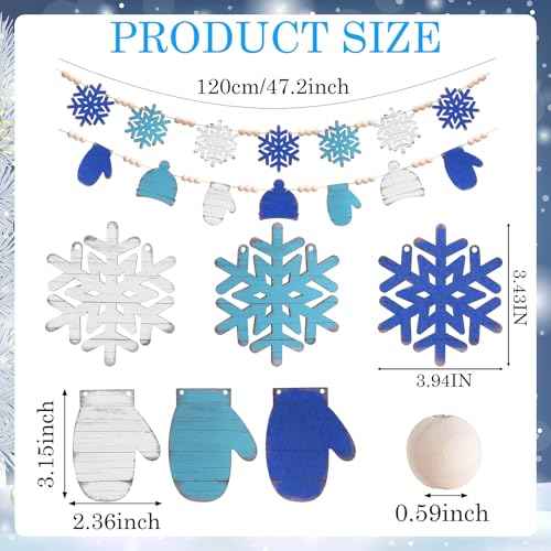 2 Pcs 84 Inches Winter Wood Bead Garland Rustic Wooden Snowflake Hat Gloves Banner Winter Snowflake Blue White Farmhouse Decorations Hello Winter Garland for Winter Holiday Home Fireplace Doorway