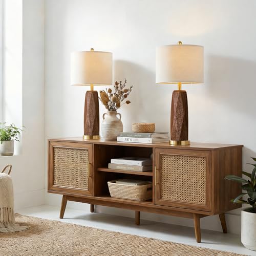 27.5 Inch Wooden Grain Table Lamps Set of 2 with USB Charging Ports - Rustic Resin Bedside Lamps with Linen Shade & Rotary Switch - Tall Nightstand Lighting for Bedroom & Living Room