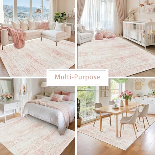 Srugn Pink White Washable 8x10 Area Rug for Living Room & Bedroom - Non-Slip, Cushioned, Machine Washable