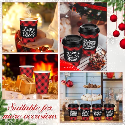 Layhit 24 Pack Christmas Buffalo Plaid 12oz Coffee Cups with Lids & Sleeves Black Red