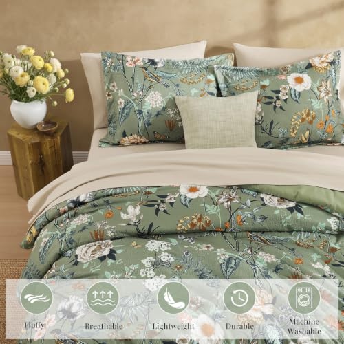 Avocado Green Floral Oversized Queen Comforter Set – 7-Piece Bed in a Bag, Farmhouse Bedding