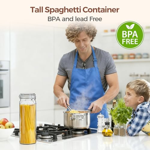 ComSaf Tall Glass Pasta Storage Containers 68 oz 3-Pack with Airtight Lids - 13 Inch Long Noodle Canisters